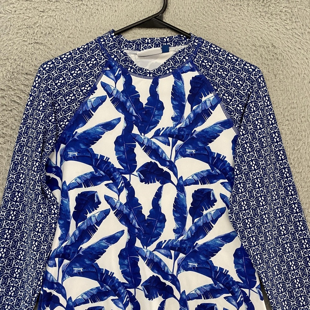 Cabana Life Rash Guard Swim‎ Shirt Womens Medium Blue Leaf Long Sleeve Tropical - Picture 3 of 13